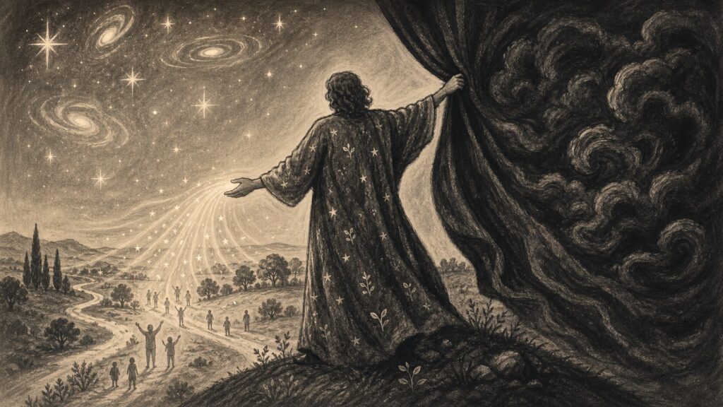 Illustrazione in bianco e nero di una figura che apre un sipario oscuro rivelando un cielo stellato e figure umane che camminano verso la luce, simbolo dell'allegria come apertura all'esistenza.