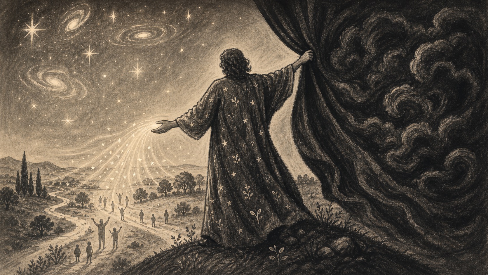 Illustrazione in bianco e nero di una figura che apre un sipario oscuro rivelando un cielo stellato e figure umane che camminano verso la luce, simbolo dell'allegria come apertura all'esistenza.