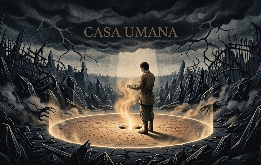 Casa umana. 
Illustrazione artistica orizzontale in stile puntinista e minimalista che raffigura un giovane schiavo solitario di fronte a un focolare mistico e un cerchio di luce, simbolo del rifugio interiore e del santuario dello spirito. La scena è circondata da rovine e gabbie oppressive, interpretando il concetto di 'Casa Umana' e la resistenza interiore contro l'alienazione. Stile JordanRiver.it.