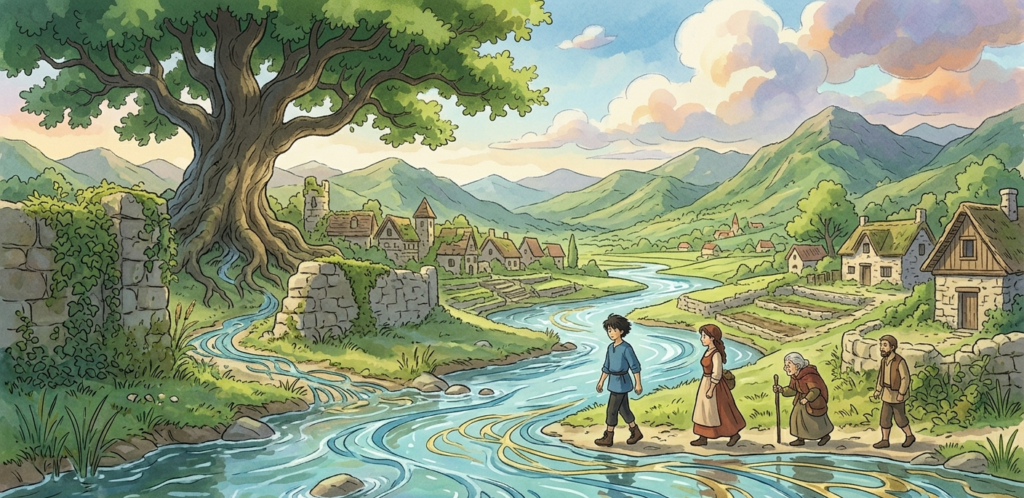 Illustrazione di un fiume che si apre tra vecchi muri in rovina e un villaggio di montagna, con persone che camminano seguendo il flusso dell’acqua sotto un grande albero, metafora del non opporsi alla vita.