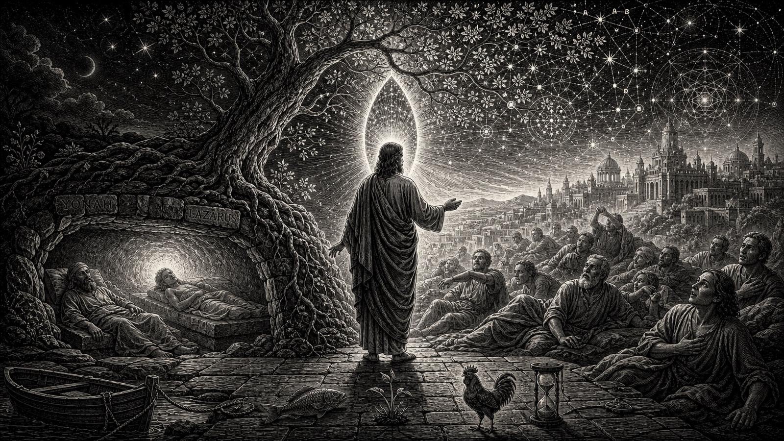 Illustrazione in bianco e nero di Gesù che sta tra una grotta con Giona e Lazzaro addormentati e una folla ai suoi piedi, sotto un grande albero e un cielo pieno di stelle e geometrie, con una città luminosa sullo sfondo.