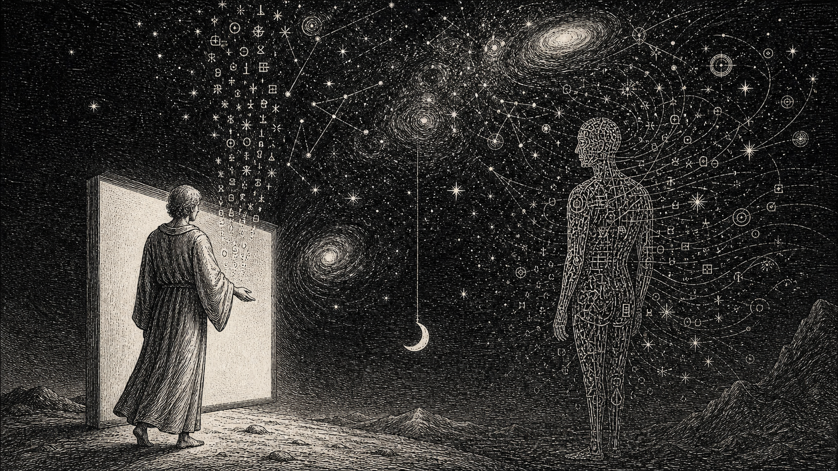 Illustrazione simbolica di un uomo davanti a uno schermo da cui fluiscono segni nel cosmo, di fronte a una figura artificiale fatta di codice sotto un cielo stellato, per l’articolo “L’essere artificiale può avere fede?”.