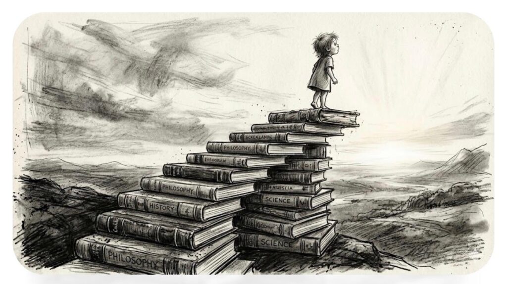 Illustrazione in bianco e nero di un bambino in piedi in cima a una scala di grandi libri di filosofia, storia e scienza, che guarda l’orizzonte illuminato.