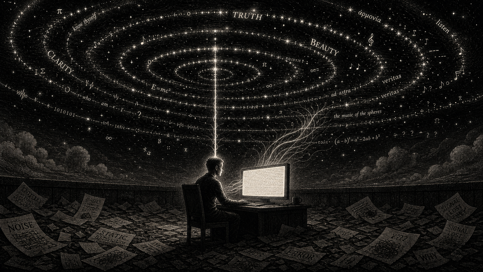 Illustrazione in bianco e nero di un uomo seduto davanti a uno schermo da cui si leva un fascio di luce verso un cielo a spirale con stelle, parole e simboli come Truth, Beauty, Clarity, circondato da fogli sparsi con scritte Noise, Static, Error.