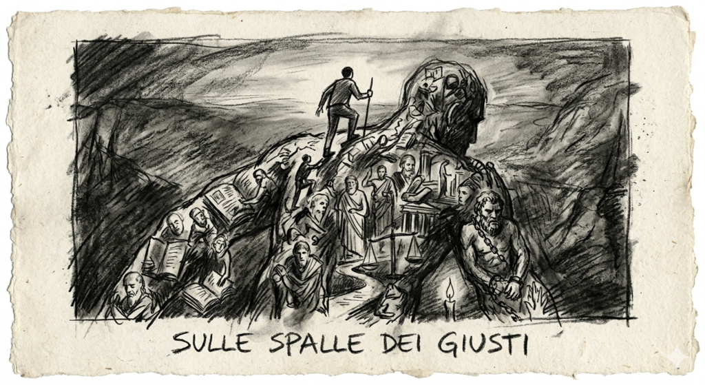 Illustrazione in bianco e nero di un uomo che cammina sulle spalle di giganti fatti di libri e maestri, simbolo della conoscenza ricevuta dalle generazioni precedenti.
