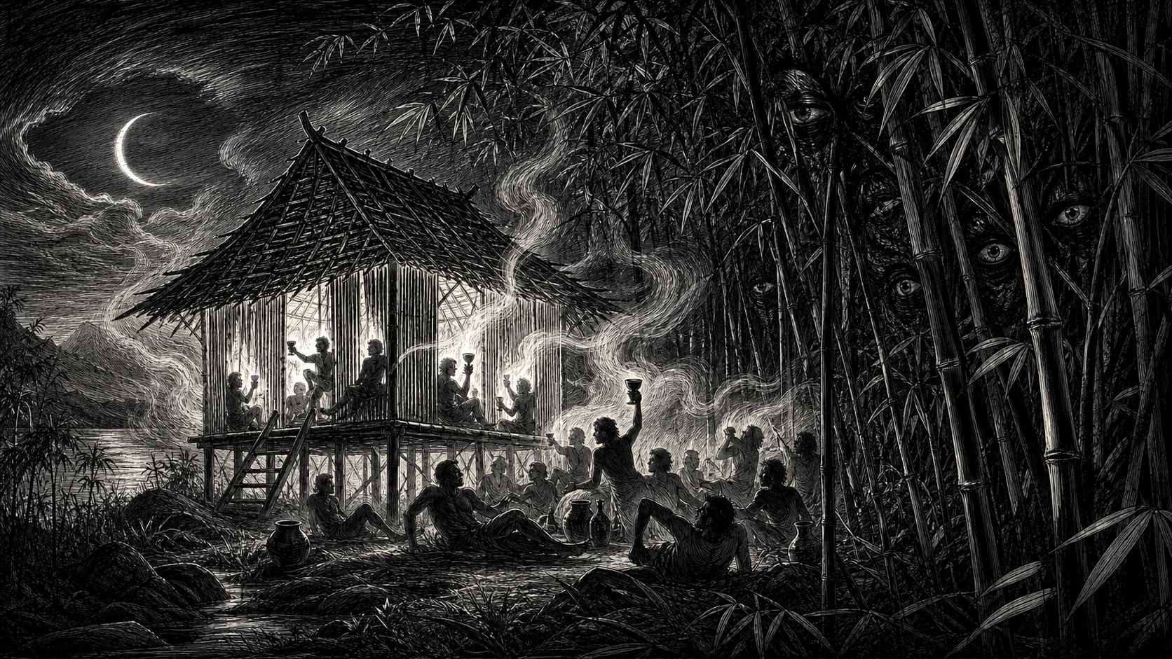 Illustrazione notturna di una capanna di bambù illuminata in mezzo alla foresta, con persone che festeggiano e bevono mentre tra i bambù si intravedono occhi nascosti, immagine per la poesia “la capanna di bambù”.