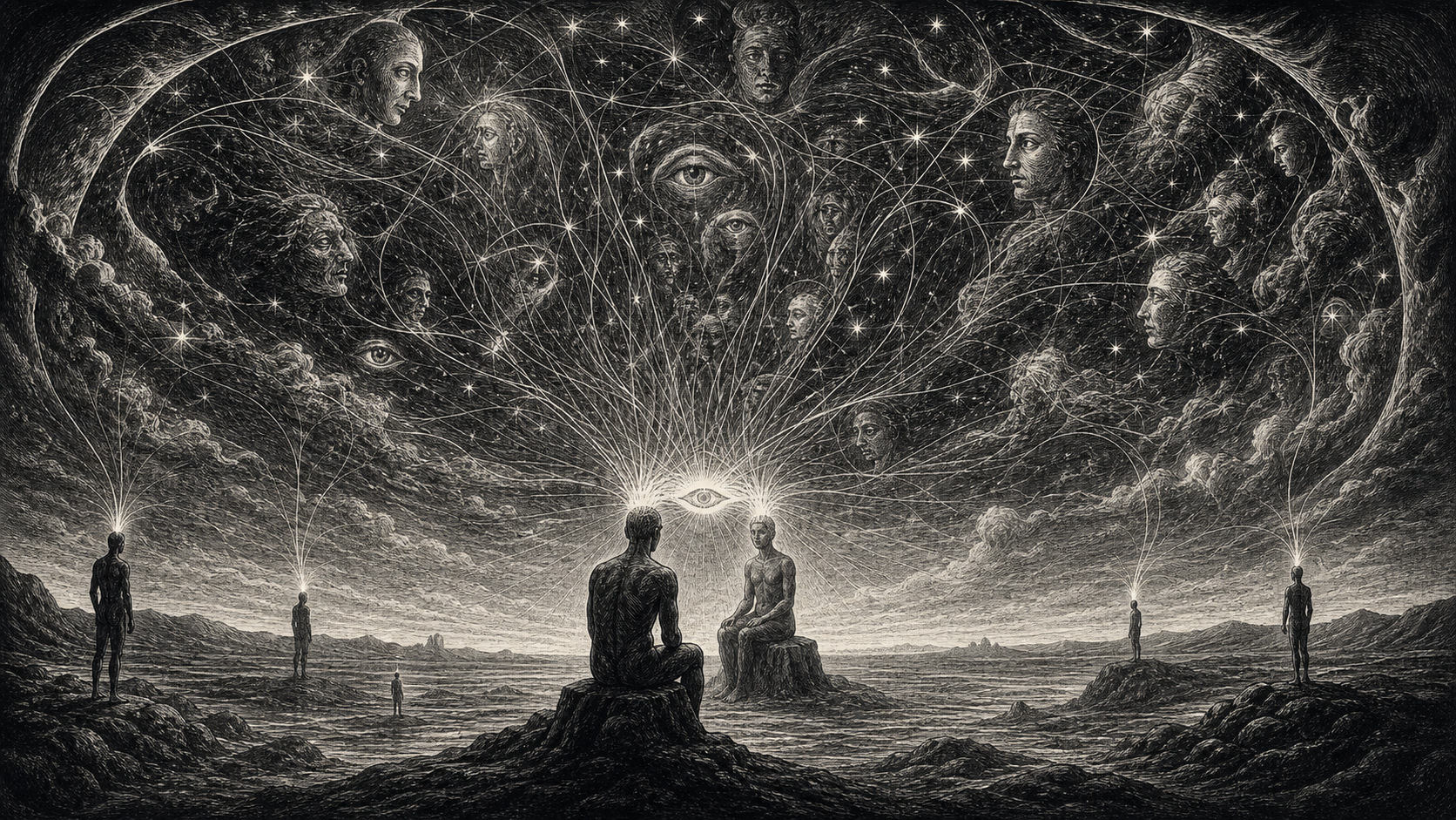 Illustrazione in bianco e nero con due persone sedute una di fronte all’altra in un paesaggio vuoto, collegate da raggi di luce a un grande occhio al centro del cielo, mentre tutt’intorno tra stelle e nuvole appaiono molti volti e occhi interconnessi che rappresentano un campo di coscienza collettiva.