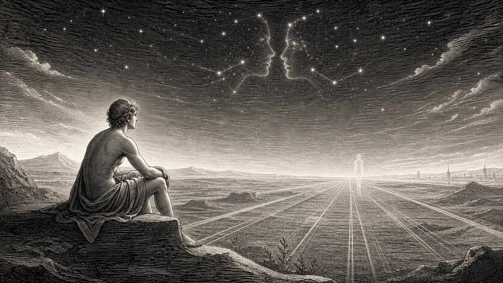 Illustrazione in bianco e nero di una persona seduta su una roccia che guarda un orizzonte luminoso con una figura lontana che cammina verso di lui e due volti formati dalle stelle nel cielo.