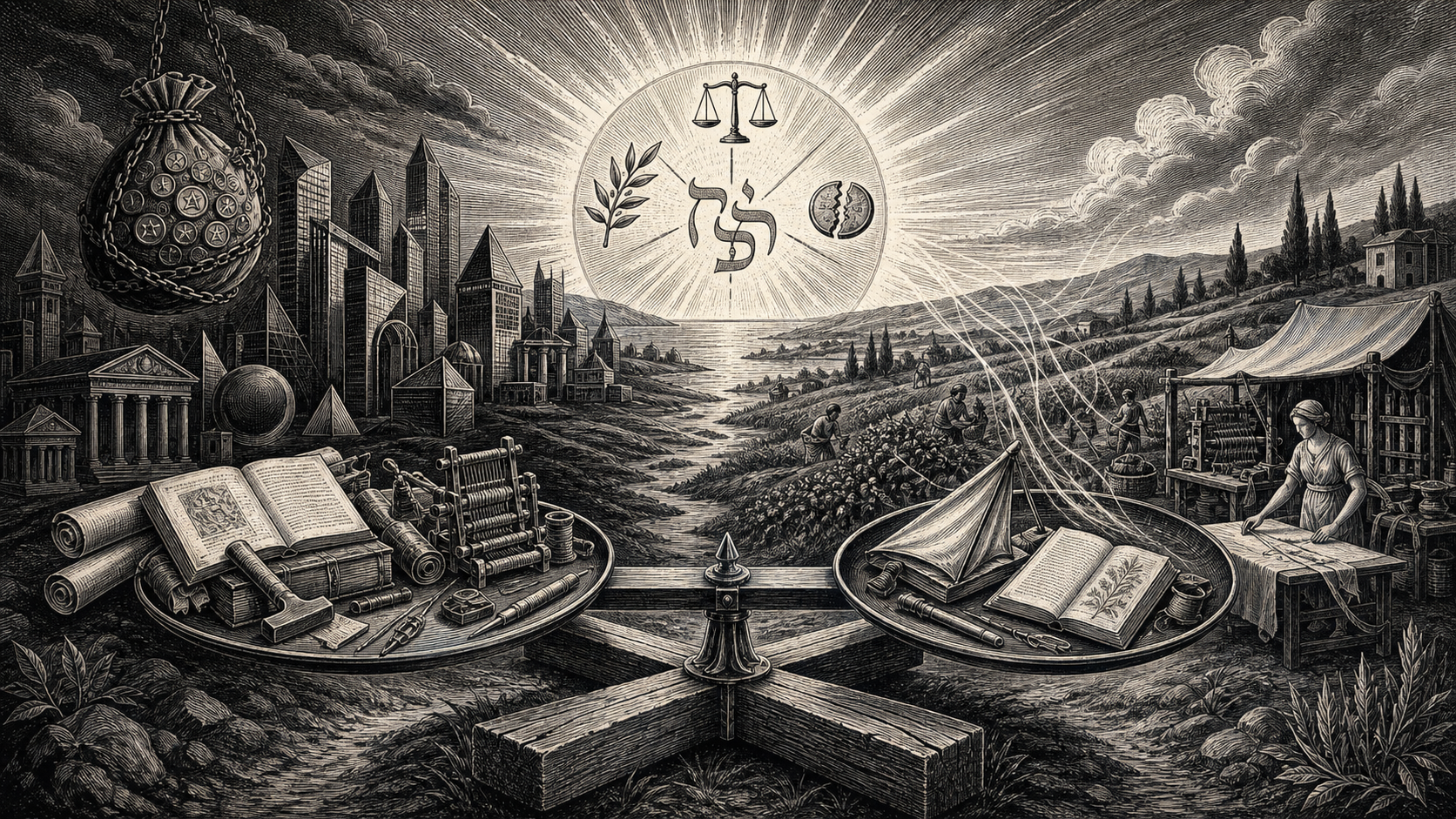 Illustrazione in bianco e nero con una grande bilancia al centro che pesa libri, strumenti e progetti, sullo sfondo una città di grattacieli e templi da un lato e campi coltivati con artigiani al lavoro dall’altro, mentre sopra splende un sole con simboli di giustizia, pace e una parola ebraica, a indicare l’equilibrio tra denaro, lavoro e saggezza biblica nel fare business.