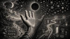 Illustrazione in bianco e nero con una mano aperta al centro, metà immersa in un paesaggio notturno con orme sul sentiero e la scritta “I have been here”, metà dissolta in una rete digitale di simboli, porte e lucchetti, a rappresentare il passaggio dall’impronta fisica all’identità digitale e alla continuità dei dati.