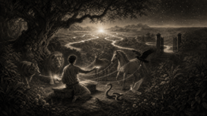 Illustrazione in bianco e nero di Adamo nell’Eden mentre nomina un leone, un lupo, un cervo, un cavallo, un corvo, una colomba e un serpente; fili luminosi collegano gli animali alla sua mano davanti al giardino aperto, simbolo del riconoscimento e dell’integrazione delle parti istintuali della psiche.