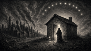 Incisione artistica in stile calcografia e stippling che raffigura una figura incappucciata con lanterna che entra in una piccola casa di pietra illuminata, mentre sullo sfondo una cittadella medievale brucia. Sopra la casa brilla un arco di tredici stelle, allegoria del corpo come santuario, della casa interiore e della ricerca di pace spirituale nel caos. Stile JordanRiver.it