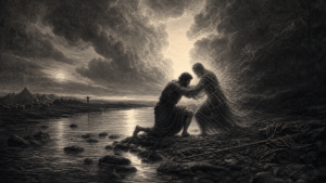 Giacobbe lotta nella notte presso il guado dello Iabbok con una figura misteriosa, mentre oltre il fiume la sua famiglia è al sicuro e l’aurora apre un varco di luce.