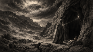 Figura avvolta in un mantello sulla soglia di una caverna nel deserto dell’Oreb ascolta una sottile luce avorio che emerge dalla roccia, mentre vento, fuoco e tumulto si dissolvono nel silenzio.