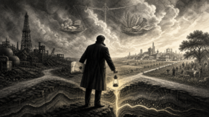 Figura di spalle davanti a un bivio illumina con una lampada una fenditura nel sottosuolo, tra un impianto industriale abbandonato e una pianura che conduce a una città operosa: simbolo della visione di Enrico Mattei sull’energia come autonomia e sviluppo condiviso.