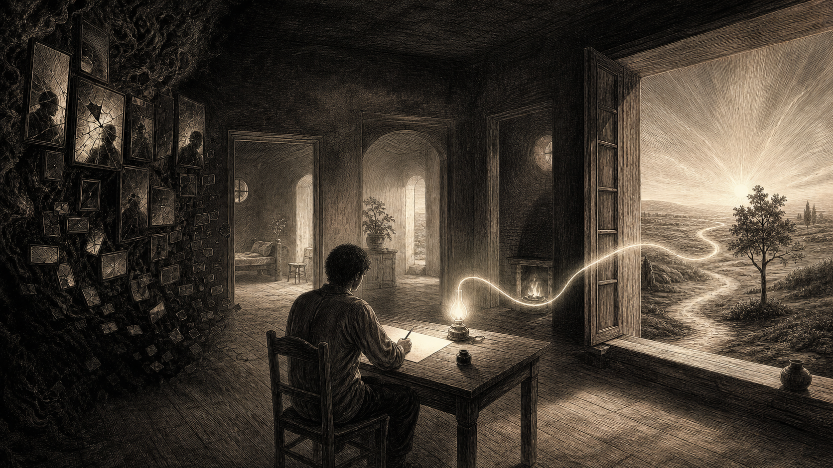 Figura solitaria vista di spalle mentre scrive a un tavolo illuminato da una lampada, davanti a una finestra aperta sull’alba; specchi incrinati e schermi spenti nell’ombra contrastano con un sentiero verso una casa e un albero vivo.