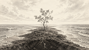 Un giovane albero con frutti e germogli cresce su una lingua di terra emersa tra le acque, con radici visibili nel suolo e un cielo luminoso senza astri, in un’incisione simbolica del terzo giorno della creazione.
