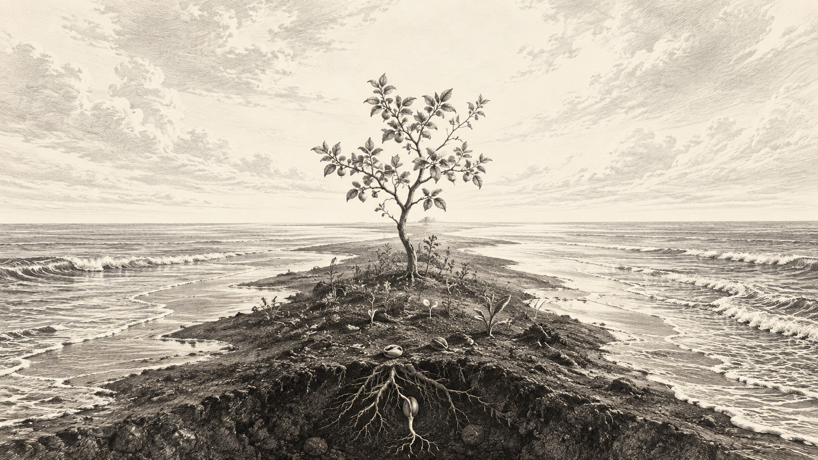 Un giovane albero con frutti e germogli cresce su una lingua di terra emersa tra le acque, con radici visibili nel suolo e un cielo luminoso senza astri, in un’incisione simbolica del terzo giorno della creazione.