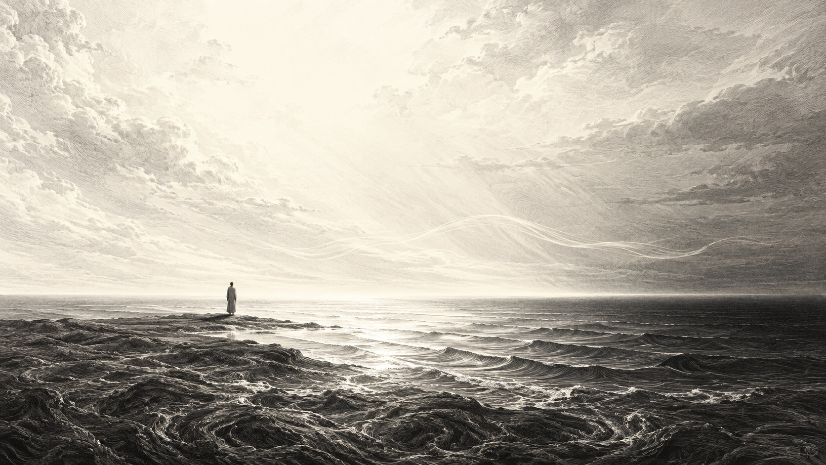 A solitary figure stands before a primordial sea as ivory light breaks through an expansive sky, revealing distinct waves while part of the abyss remains in shadow.